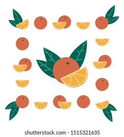 Mandarin seamless background. Fresh tropical citrus. Orange lemon Mandarin isolated on white background. Orange fruit cut in half. Citrus full and slice. Mandarin background. The leaves of citrus