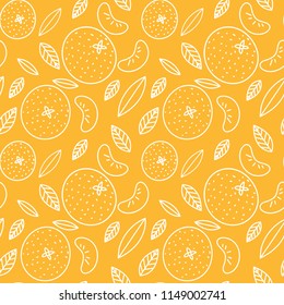 Mandarin Seamless Pattern. Vector Tangerine. Hand Drawn Fresh Tropical Citrus Fruit. Sketch Background. Color Doodle Wallpaper. Orange And White Print