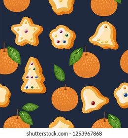 Mandarin seamless pattern. Vector tangerine. Hand drawn fresh tropical citrus fruit. Multicolored sketch background. Colorful doodle wallpaper.pattern of Mandarin and cookies.