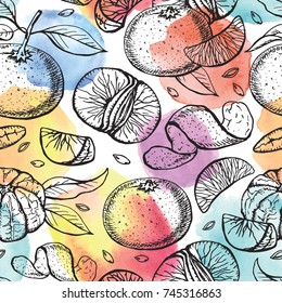 Mandarin sketch,seamless pattern.Watercolor tangerines background.Vector hand drawn vintage fruits. Vegetarian food illustration.Retro style. Slices,orange fruits. Organic ornament background