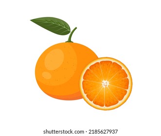 Mandarin oder Tangerine und Scheiben mit Blättern, flache Vektorgrafik auf weißem Hintergrund