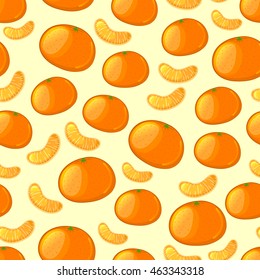 Mandarin. Tangerine slices on a yellow background. Seamless pattern.