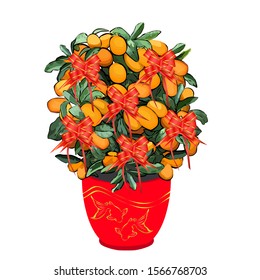 Mandarin tree for Chinese New Year, in cachepot with a pattern of two Koi, colored vector image on a white background