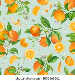 Mandarin Watercolor Floral Pattern, VectorFruit Background, Citrus Fruits, Flowers, Leaves, Limes Branches Texture. Vintage Lemon Design for Print, Wedding, Backdrop, Wallpaper