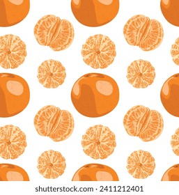 Mandarin with and without peel. Seamless pattern in vector. Cute food pattern. Suitable for backgrounds and prints.