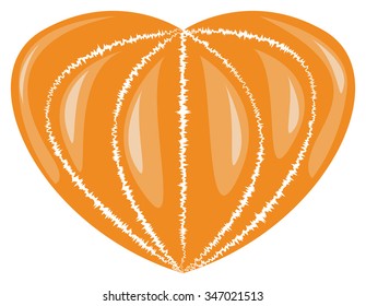 Mandarin without skin in the form of heart. Vector illustration