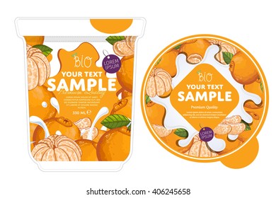 Mandarin yogurt package design with yogurt splash isolated on white background. Packaging design template of fruit yogurt container. Mandarin yogurt cup design layout.