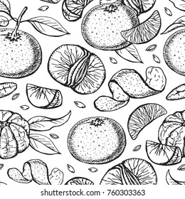 Mandarines  sketch,seamless pattern background.Vector hand drawn vintage fruits. Sketch fruits ,vegetarian food illustration.Retro style. Slices,orange fruits. Organic ornament background