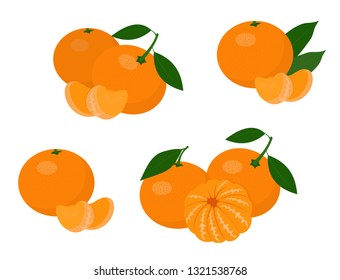 Mandarinas, tangerina, clementina con hojas aisladas sobre fondo blanco. Frutos cítricos. Conjunto de ilustraciones vectoriales