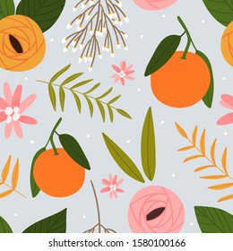 Mandarins and flowers seamless pattern for print, textile, fabric. Modern seasonal winter pattern with fruits.