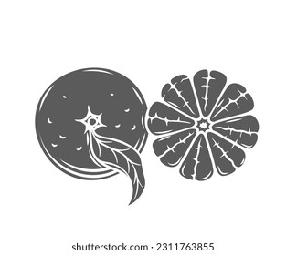 Mandarins glyph icon vector illustration. Stamp of two fresh tangerine with and without skin, ripe citrus fruit with peel and leaf on stem from tropical farm garden, peeled whole juicy mandarin