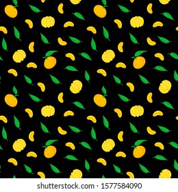 Mandarins and leaves flat vector seamless pattern. Fruit pattern on black background. Wrapping paper, wallpaper, textile design
