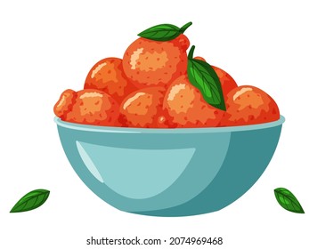 Mandarins plucked with twig and leaves. Orange juicy tangerines in blue bowl. Sweet and sour citrus isolated on white background, tree tropical fruit vector illustration. Vitamin organic food