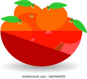 Mandarins in a red transparent bowl. Vector graphic illustration with shadow.