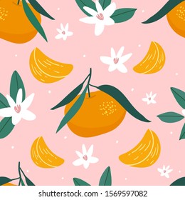 Mandarins seamless pattern for print, textile, fabric. Modern hand drawn stylized citrus fruits background.