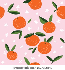 Mandarins seamless pattern for print, textile, fabric. Modern hand drawn stylized citrus fruits background.
