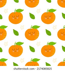 Mandarins seamless pattern for print, textile, fabric. Modern hand drawn stylized citrus fruits background