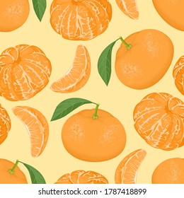 Mandarinas o mandarinas son un patrón ininterrumpido. Cítricos naranjas y hojas verdes, frutas peladas y rodajas. Ilustración vectorial en estilo plano de caricatura. Fondo de la comida.