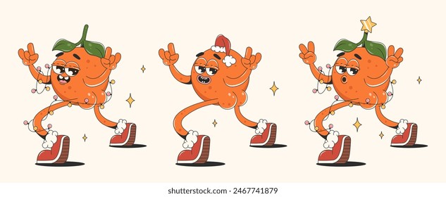 Mandarins in trendy groovy style makes rock sign and peace hand gesture sign. Retro cartoons for Merry Christmas. Vector Illustration