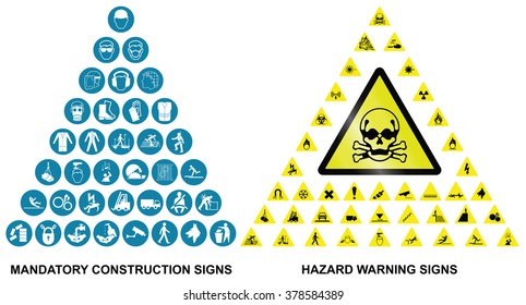 Mandatory construction health and safety and hazard warning related pyramid icon collection isolated on white background 