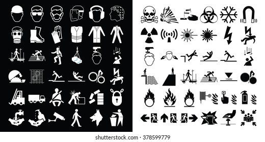 Mandatory construction health and safety and hazard warning related monochrome icon collection isolated on white background 