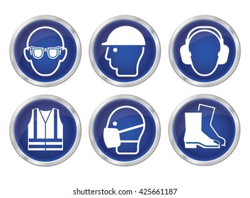 Mandatory construction manufacturing and engineering health and safety blue shiny icons to current British Standards isolated on white background