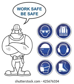 Mandatory construction manufacturing and engineering health and safety shiny blue icons to current British Standards with work safe be safe message isolated on white background