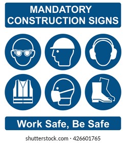 Mandatory construction manufacturing and engineering health and safety signs to current British Standards isolated on white background