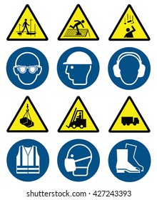 Verbindliche Gesundheits- und Sicherheitszeichen für die Bauindustrie und das Ingenieurwesen gegenüber den derzeitigen britischen Standards und Warnzeichen einzeln auf weißem Hintergrund