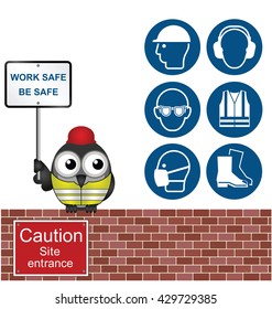 Mandatory construction manufacturing and engineering health and safety icons with bird construction worker perched on a brick wall with work safe be safe message isolated on white background