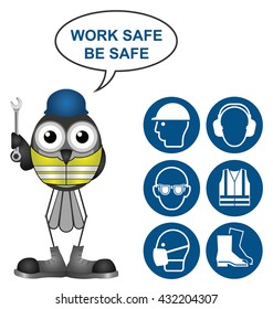 Mandatory construction manufacturing and engineering health and safety icons to current British Standards with work safe be safe message isolated on white background