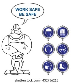 Mandatory construction manufacturing and engineering health and safety signs mounted on posts to current British Standards with work safe be safe message isolated on white background