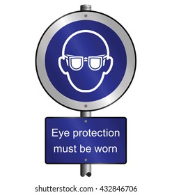 Mandatory construction manufacturing and engineering health and safety eye protection sign to current British Standards mounted on post isolated on white background