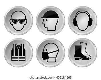 Mandatory construction manufacturing and engineering health and safety grey shiny icon set to current British Standards isolated on white background