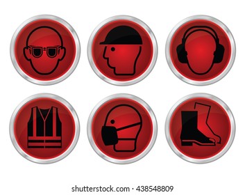 Mandatory construction manufacturing and engineering health and safety red shiny icon set to current British Standards isolated on white background