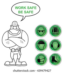 Mandatory construction manufacturing and engineering health and safety shiny green icons to current British Standards with work safe be safe message isolated on white background