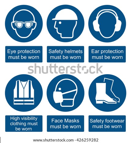Mandatory construction manufacturing and engineering health and safety signs to current British Standards isolated on white background