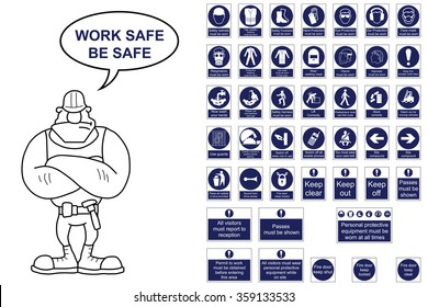 Mandatory construction signage collection isolated on white background with work safe be safe message