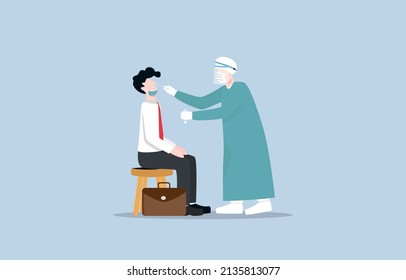 Mandatory Covid-19 Testing For Employee. Business Company Ensuring Employee Not Detected Covid Before Entering Office.  Employee Taking Covid-19 Testing From Medical Staff. 