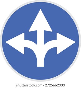 Icono de señal de tráfico de dirección obligatoria que muestra el símbolo de flecha múltiple para la navegación por carretera y la instrucción de conducción