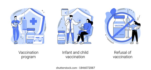 Mandatory immunization abstract concept vector illustration set. Vaccination program for Infant and child, refusal of vaccination, childhood infectious diseases, public healthcare abstract metaphor.