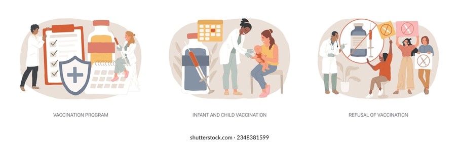 Mandatory immunization isolated concept vector illustration set. Vaccination program for Infant and child, refusal of vaccination, childhood infectious diseases, public healthcare vector concept.