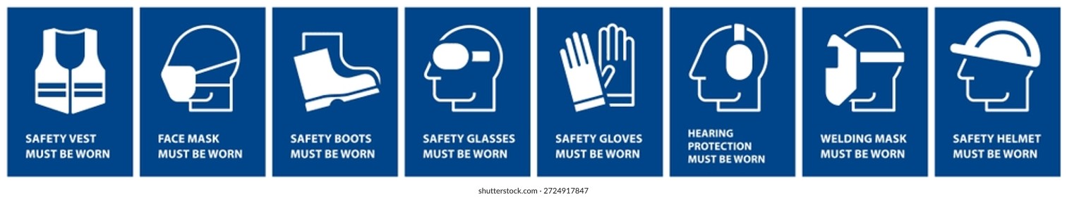Conjunto de signos obligatorio, iconos de ropa de trabajo de protección, equipo de trabajo de seguridad y ropa de protección, conjunto de signos de EPP, etiquetas de seguridad de construcción