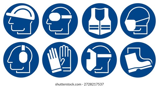 Conjunto de signos obligatorio, iconos de ropa de trabajo de protección, equipo de trabajo de seguridad y ropa de protección, conjunto de signos de EPP, etiquetas de seguridad de construcción