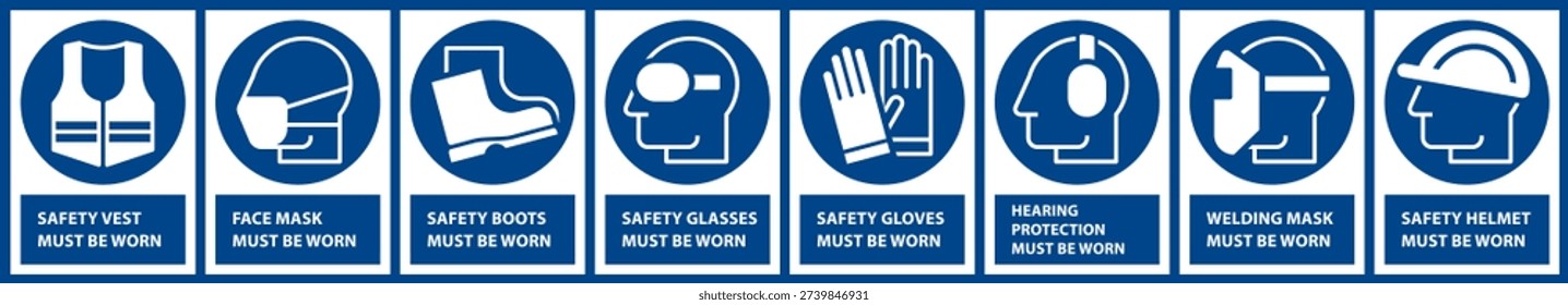 Mandatory sign set, Protective workwear icons, Safety work equipment and protective clothing, PPE sign set, Construction safety labels