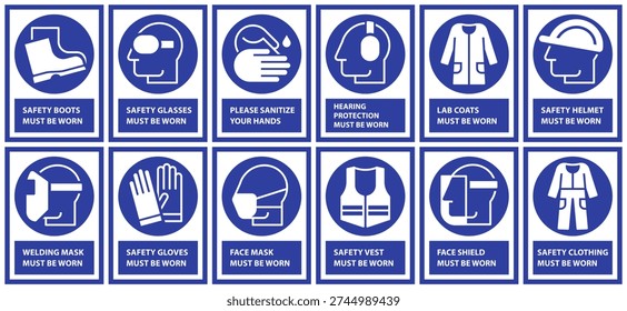 Mandatory sign set, Protective workwear icons, Safety work equipment and protective clothing, PPE sign set, Construction safety labels