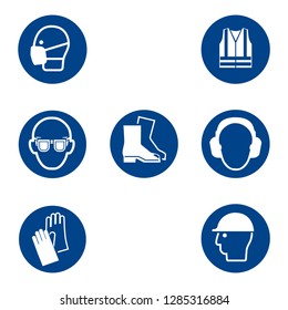 Mandatory signs, construction health, safety sign used in industrial applications (safety helmet, gloves, ear protection, eye protection, foot protection, respirator)