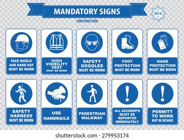 mandatory signs, construction health, safety sign used in industrial applications (safety helmet, gloves, ear protection, eye protection, foot protection, pedestrian, mask, handrail)