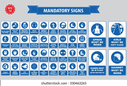 mandatory signs, construction health, safety sign used in industrial applications (safety helmet, gloves, ear protection, eye protection, foot protection, hairnet, respirator, mask, antistatic, apron)