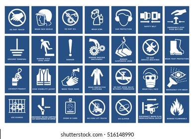 Mandatory signs , Construction health and safety sign used in industrial applications.(safety helmet, gloves, ear protection, eye protection, foot protection, hairnet, respirator, mask, antistatic)